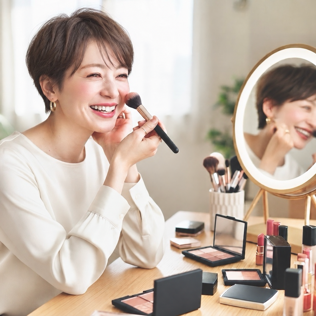 鏡の前でチークをのせ、笑顔でメイクを楽しむ女性