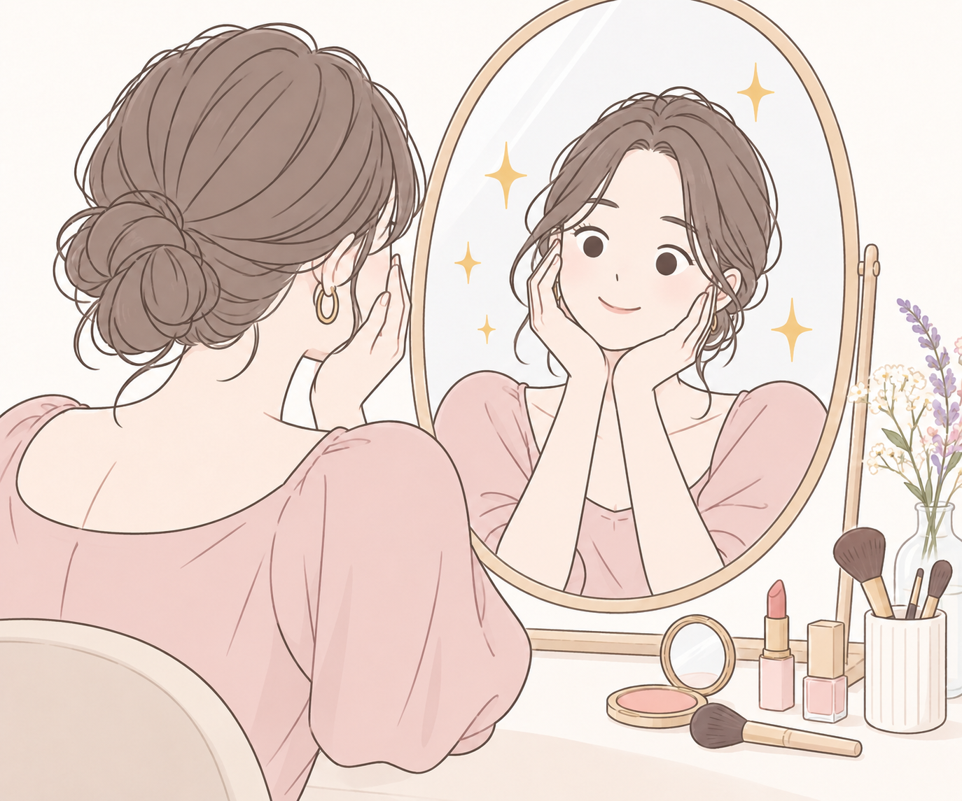 鏡に映る自分のメイクを見て、笑顔になる女性のイラスト