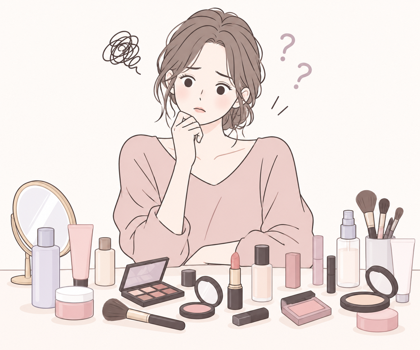 たくさんのコスメを前に、メイクの方法に迷う女性のイラスト